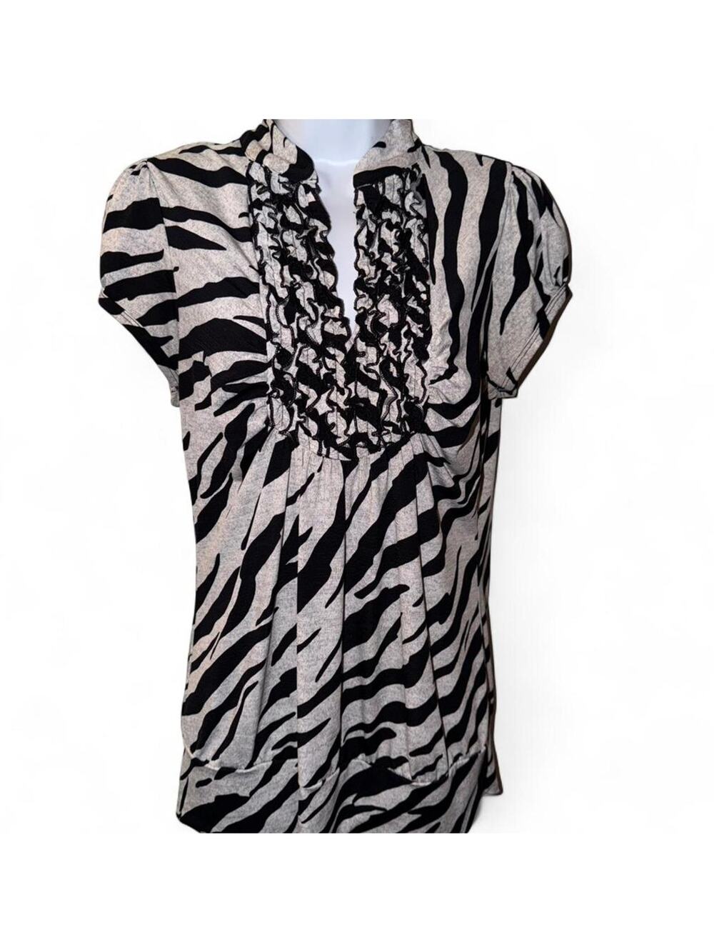 Y2K Black & White Zebra Animal Print Ruffled Cap Sleeve Tunic Top